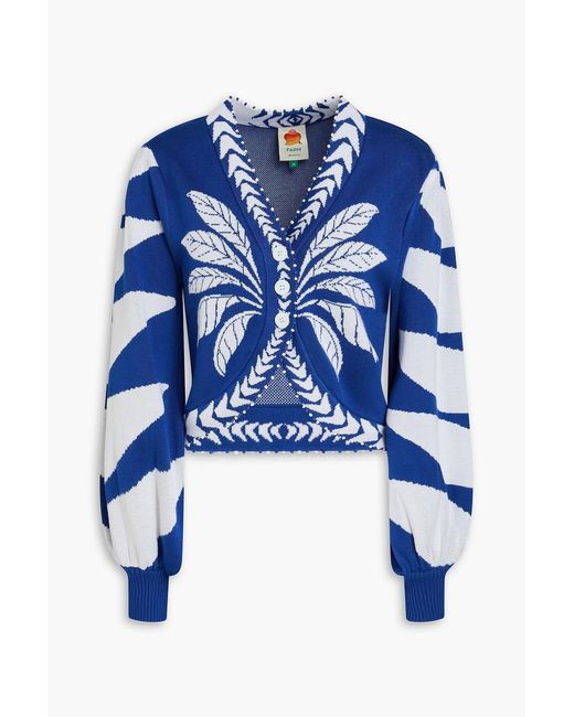 Farm Rio Blue Bead-Embellished Jacquard-Knit Cardigan