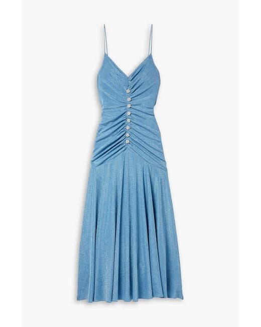 Monique Lhuillier Blue Crystal-embellished Ruched Metallic Stretch-jersey Maxi Dress