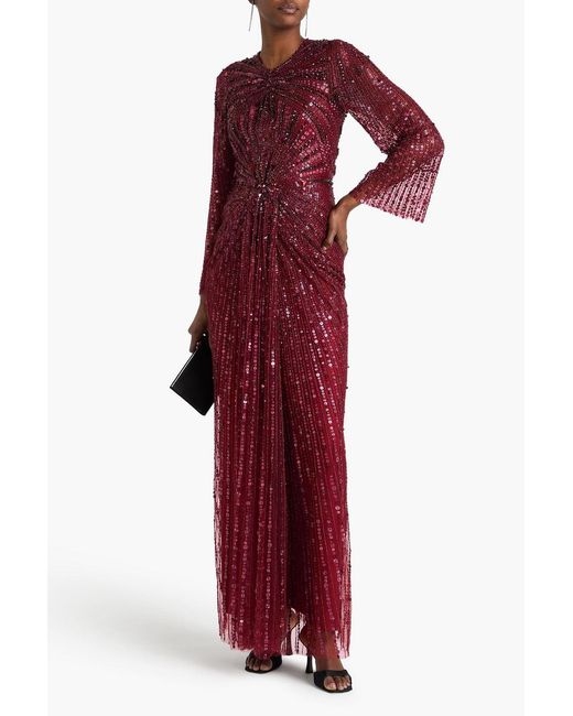 Jenny Packham Red Embellished Draped Tulle Gown