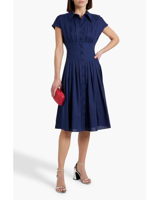 Mikael Aghal Blue Pleated Cotton And Linen-blend Shirt Dress