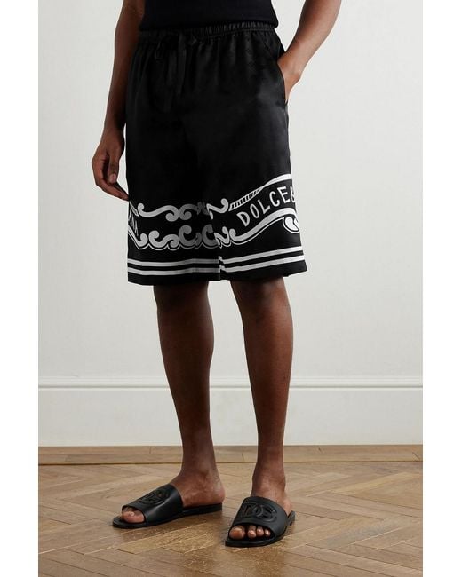 Dolce & Gabbana Black Logo-print Silk-twill Jacquard Drawstring Bermuda Shorts for men