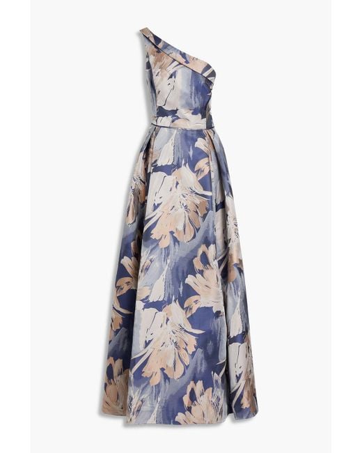 Aidan Mattox Blue One-shoulder Pleated Floral-jacquard Gown
