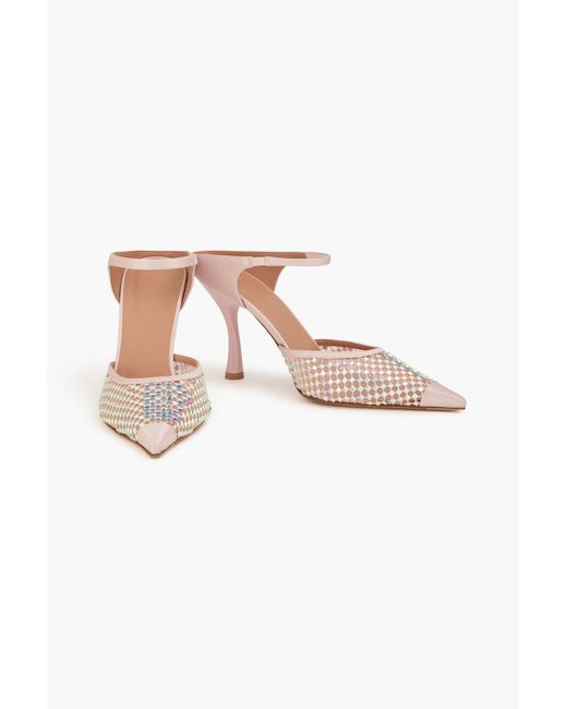 Malone Souliers Pink Vega 90 Embellished Satin And Mesh Mules