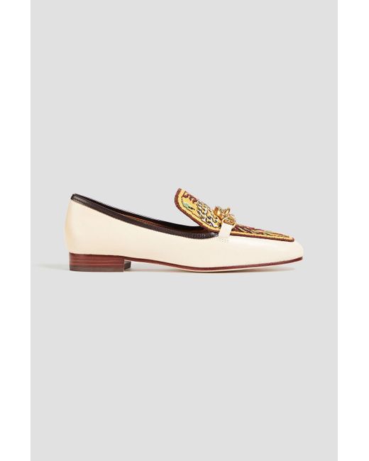Tory Burch White Jessa Embellished Jacquard And Leather Loafers