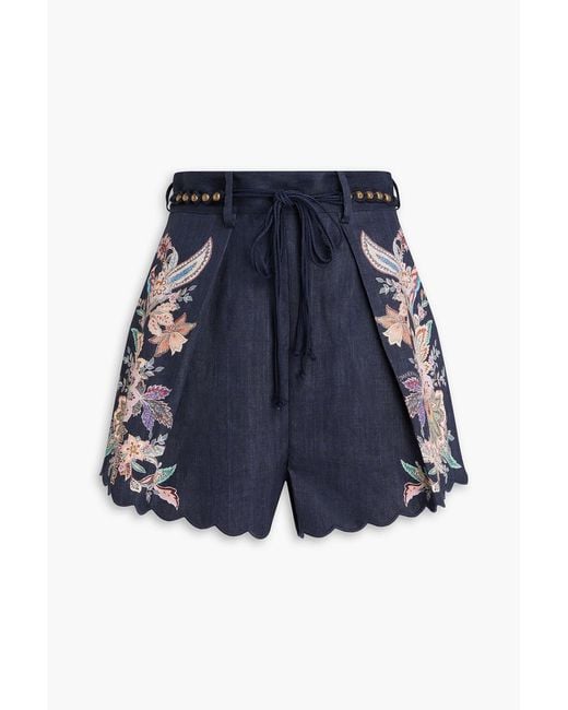 Zimmermann Blue Pleated Floral-Print Linen Shorts