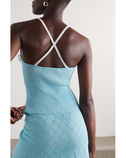 Cormio Blue Heide top aus einer baumwollmischung mit metallic-fasern in pointelle-strick mit samtbesätzen