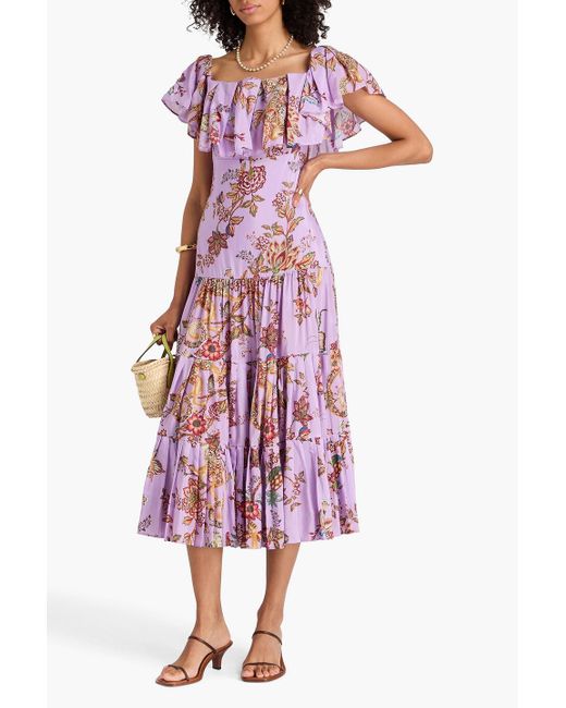 Farm Rio Purple Gestuftes midikleid aus einer baumwollmischung mit floralem print