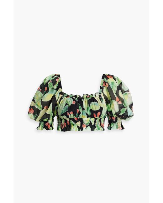 Charo Ruiz Green Zamora Cropped Printed Cotton-voile Top