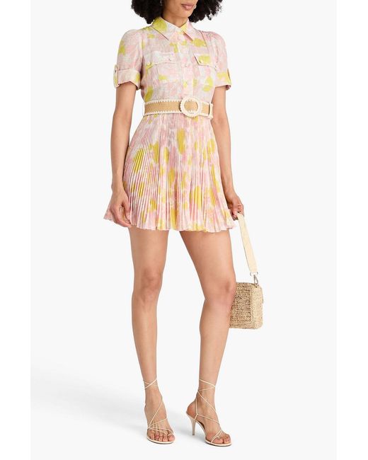 Zimmermann Pink Belted Floral-Print Slub Woven Mini Shirt Dress