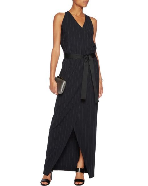 Brunello Cucinelli Black Wrap-effect Embellished Pinstriped Wool-blend Crepe Maxi Dress