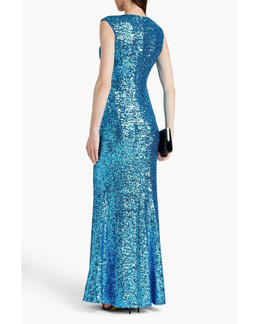 Badgley Mischka Blue Sequined Mesh Gown