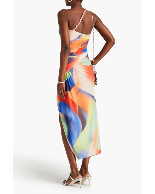 Nicholas Blue One-shoulder Cutout Printed Mesh Maxi Dress