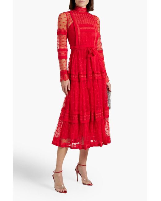 Valentino Garavani Red Pintucked Corded And Crocheted Lace Midi Dress