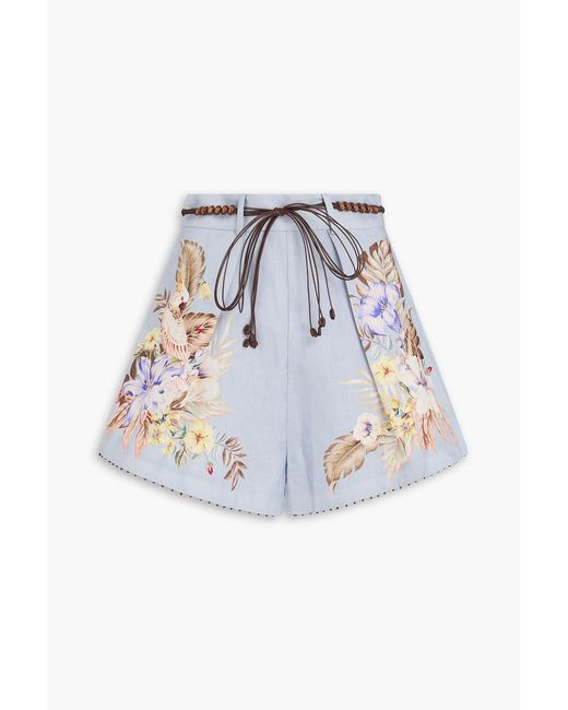 Zimmermann Blue Embellished Floral-Print Linen Shorts