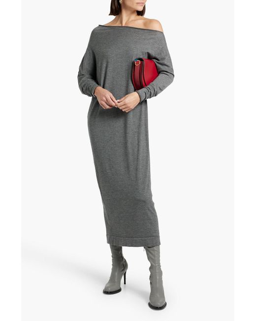 Brunello Cucinelli Gray One-shoulder Mélange Cashmere-blend Midi Dress