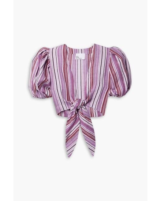 Lisa Marie Fernandez Purple Pouf Cropped Tie-front Striped Linen-blend Top
