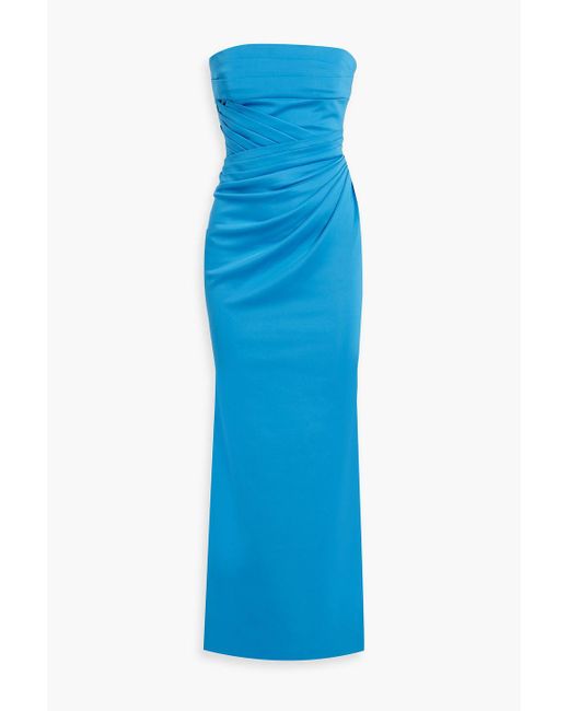 Badgley Mischka Blue Strapless Pleated Ponte Maxi Dress