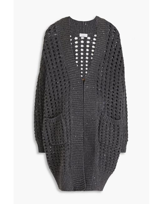 Brunello Cucinelli Gray Sequin-embellished Open-knit Cashmere And Silk-blend Cardigan