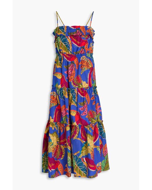 Farm Rio White Gestuftes midikleid aus baumwollpopeline mit print