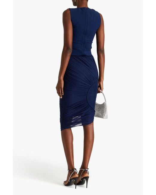 Hervé Léger Blue Ruched Ponte And Stretch-tulle Skirt