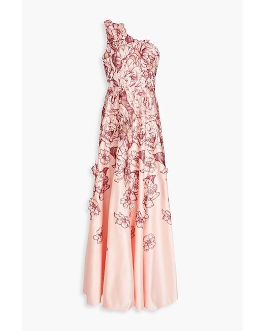 Marchesa Pink One-shoulder Embroidered Duchesse-satin Gown
