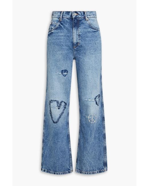 Sandro Blue Patty Embroidered Distressed High-rise Wide-leg Jeans