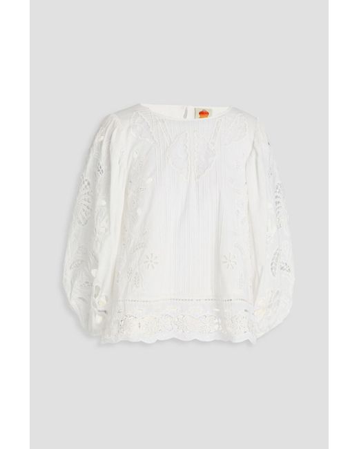 Farm Rio White Richillieu Pintucked Broderie Anglaise Cotton Blouse