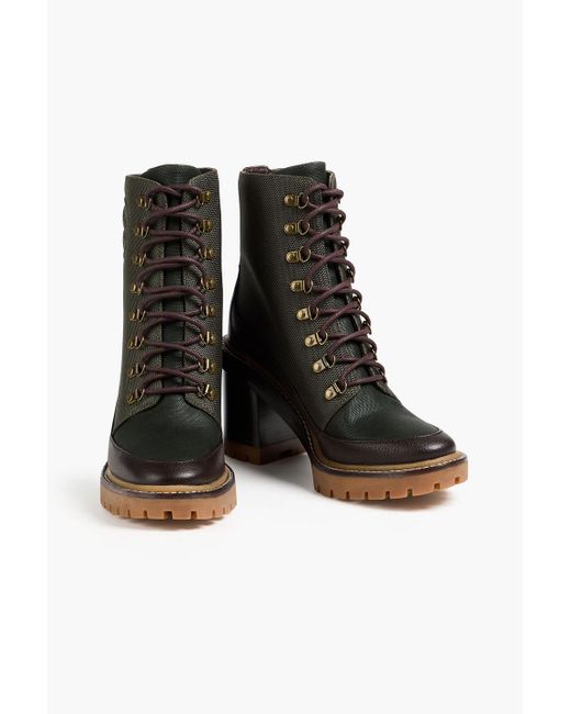 Tory Burch Green Textured-shell And Pebbled-leather Ankle Boots