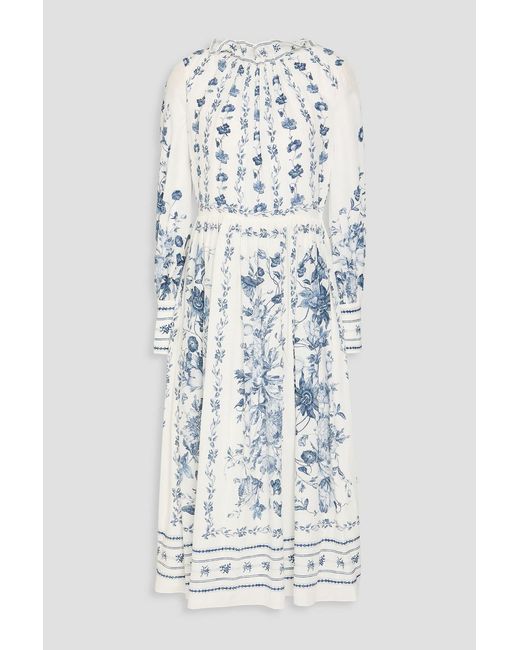 Erdem Blue Floral-Print Silk Crepe De Chine Midi Dress