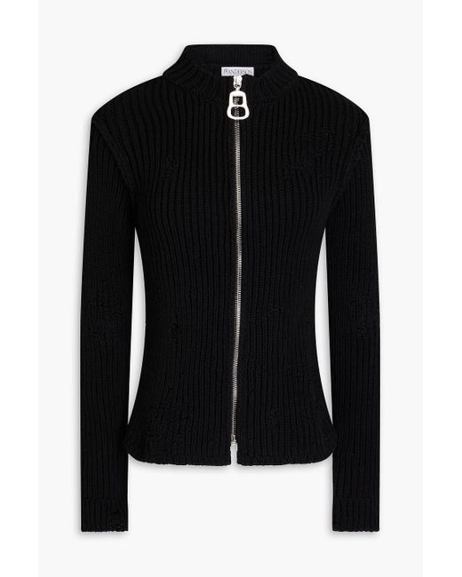 J.W. Anderson Black Distressed Ribbed Cotton-blend Zip-up Cardigan