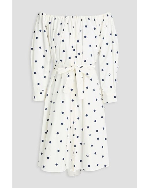 Maje White Off-The-Shoulder Polka-Dot Cotton-Blend Poplin Midi Dress