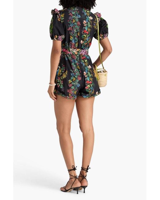 Farm Rio Black Belted Embellished Floral-Print Cotton Playsuit