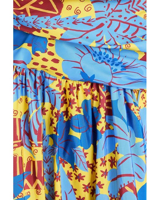 Farm Rio Blue One-sleeve Printed Taffeta Maxi Dress