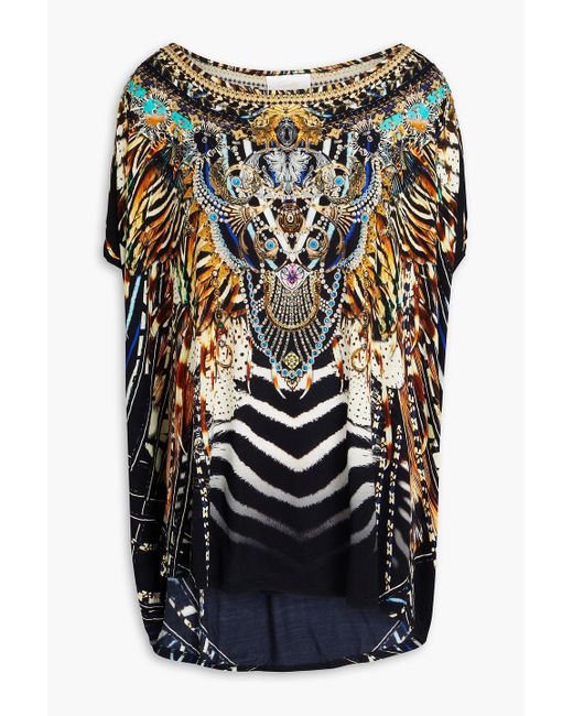 Camilla Black Crystal-embellished Printed Stretch-modal Jersey Top