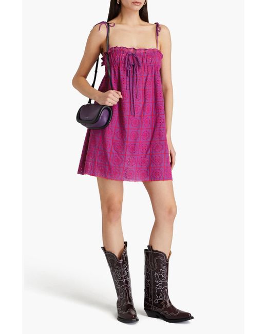 Ganni Pink Minikleid aus baumwolle mit lochstickerei und bindedetail