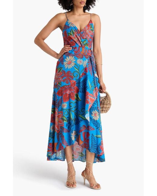 Farm Rio Blue Maxikleid aus baumwolle mit floralem print, eingewebten punkten und wickeleffekt