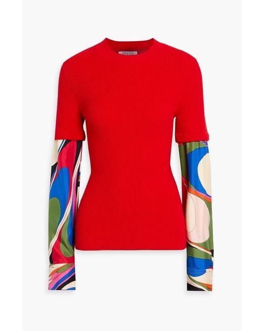 Emilio Pucci Red Printed Twill And Ribbed Wool-Blend Mock-Neck Sweater