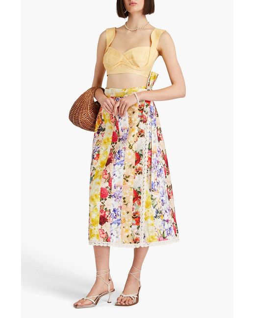 Zimmermann White Floral-print Linen Midi Skirt