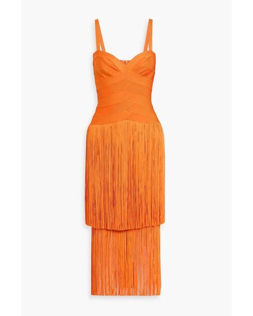 Hervé Léger Orange Georgia Fringed Bandage Midi Dress