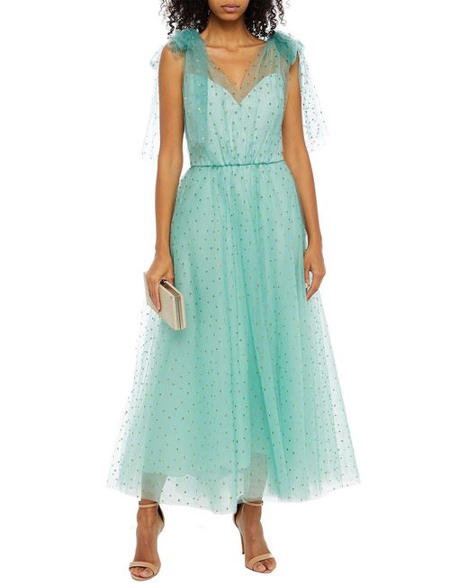 Monique Lhuillier Green Bow-embellished Glittered Tulle Gown