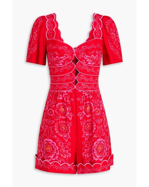 Farm Rio Red Cutout Floral-print Linen-blend Playsuit