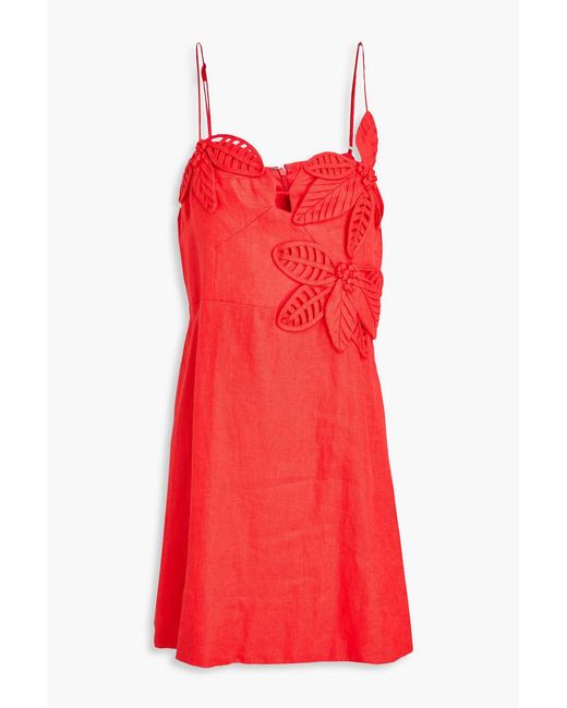 Farm Rio Red Floral-Appliquéd Linen Mini Dress
