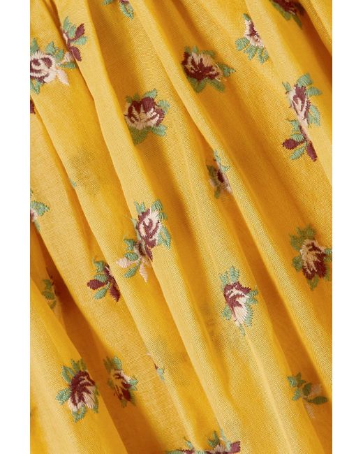 Tory Burch Yellow Pleated Embroidered Cotton-voile Midi Dress