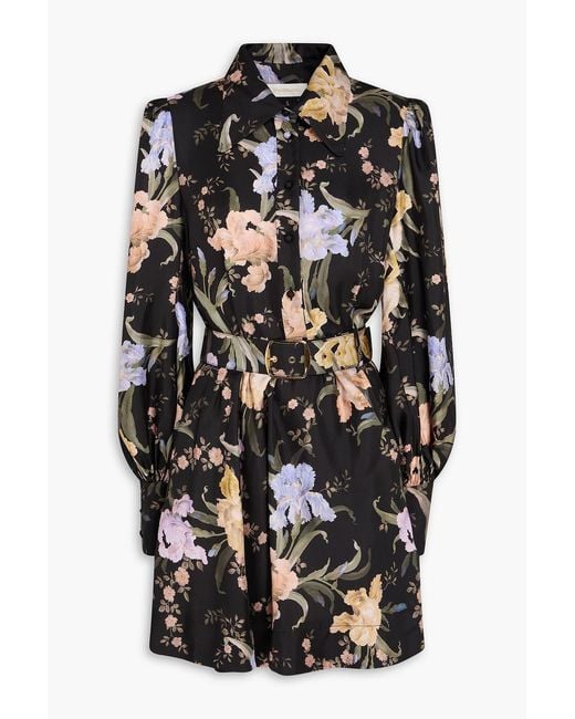 Zimmermann Black Belted Floral-Print Silk-Twill Mini Shirt Dress