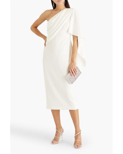 Badgley Mischka One-Sleeve Draped Crepe Midi Dress in White | Lyst