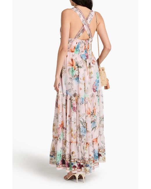 Camilla White Crystal-Embellished Floral-Print Silk-Voile Midi Dress