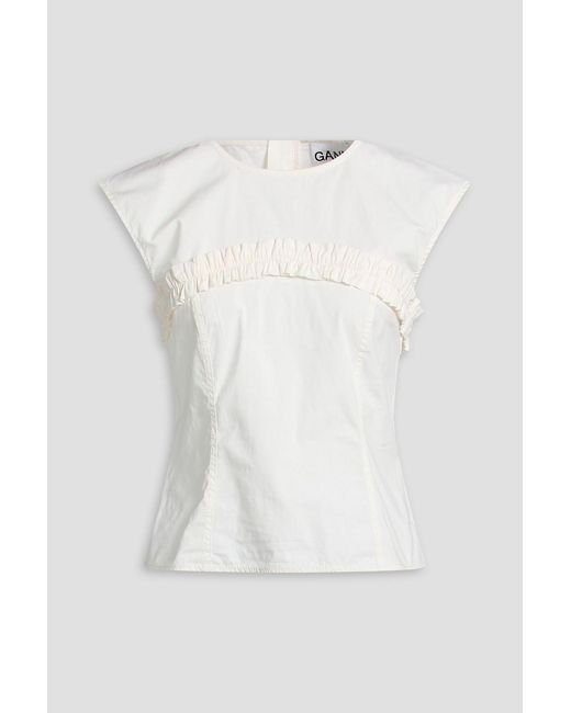 Ganni White Ruffled Stretch-Cotton Poplin Top