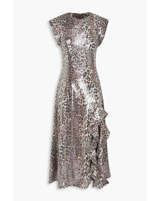 Ganni Leopard-Print Sequined Jersey Midi Dress in Grey | Lyst UK