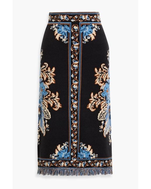 Farm Rio Black Fringed Jacquard-Knit Midi Skirt