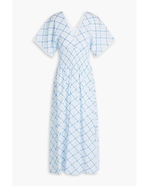 Heidi Klein Blue Portofino Shirred Printed Cotton-gauze Midi Dress
